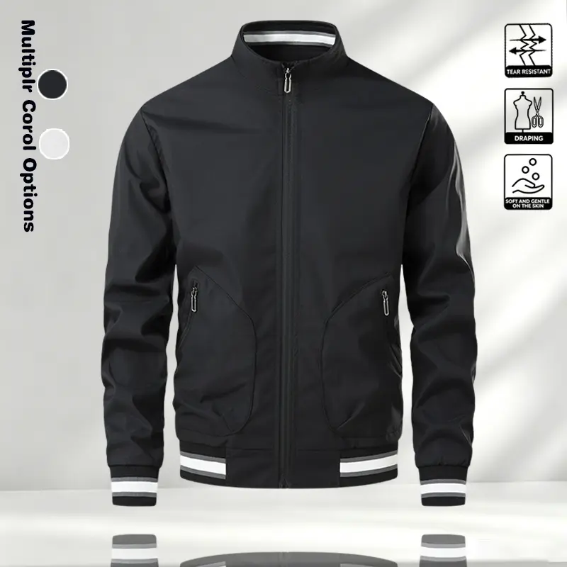 Spring and Autumn Men's Stand up Baseball Jacket Solid Color Simple Stripe Ribbed Closure Casual Jacket Youth Windproof Thin Top
