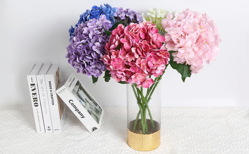 4PCS Real Blue Hydrangea Artificial Flowers 21'' Large Latex Fake Hydrangea Flowers Faux Hydrangea with Stem for Wedding Home Table Centerpieces Indoor Baby Shower Decorations (Blue)