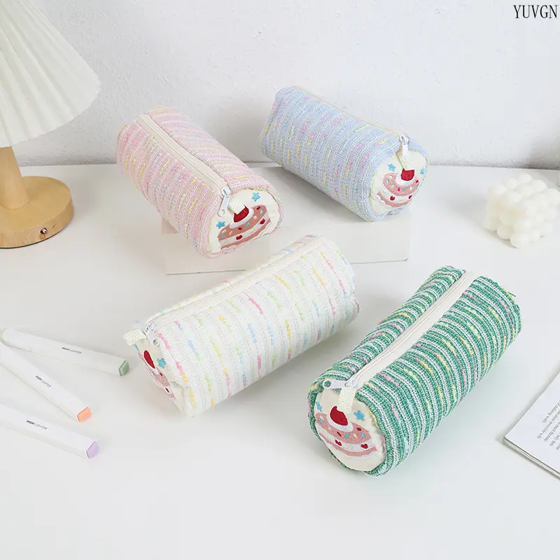 Cylindrical Cake Embroidery Pencil Case, Colorful Striped Fabric Stationery Storage Bag, Cute Large‑capacity Zipper Pen Pouch for Daily School Supplies