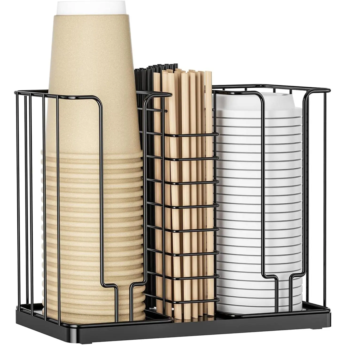 Coffee Cup and Lid Holder, 3-Compartment Metal Cup Dispenser | 3-In-1 Storage for Disposable Cups,Straws & ,  For Countertop,Coffee Bar,Kitchen, Office,Restaurant,Breakroom,Shop