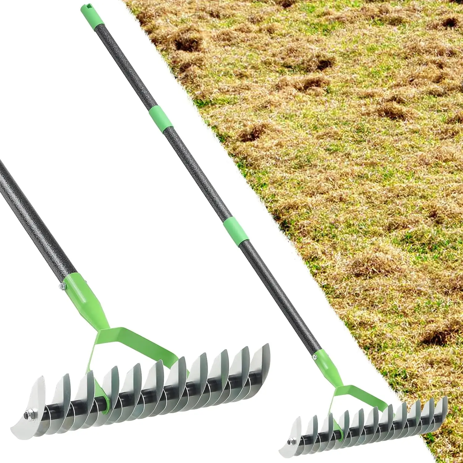 Thatch Rake for Lawns, Heavy Duty Garden Dethatcher Rakes with 60" Adjustable Long Handle, Double-Sided  Tines for  Grass Moss Removal, Manual Metal Soil Loosening Thatching Tools for Yard