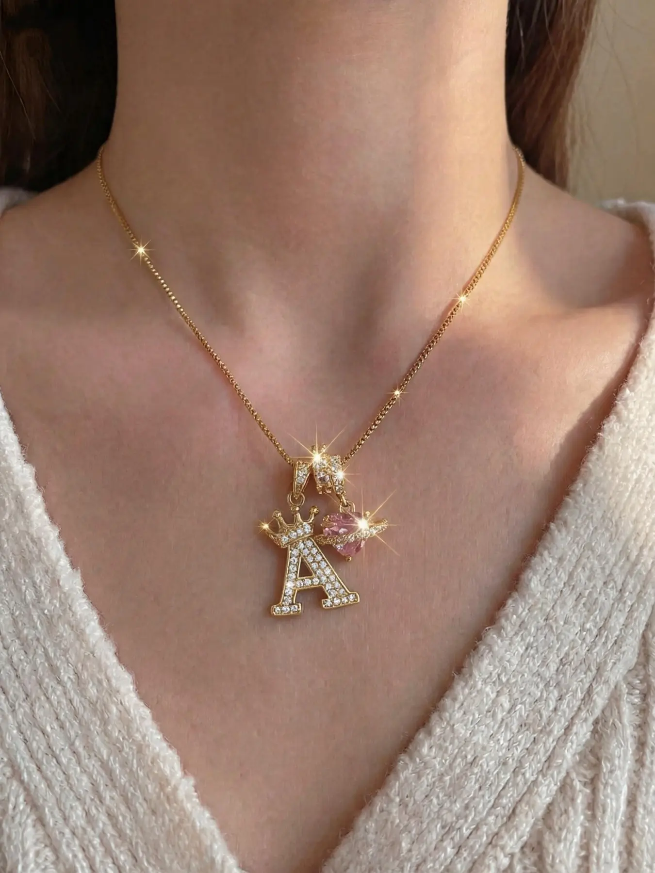 New Copper Zircon Crown Pendant Necklace, Chain Necklace, Minimalist Luxury Cubic Zircon Heart Gem, Stainless Steel, Women's Daily Wear, Gift for Holidays and Birthdays
