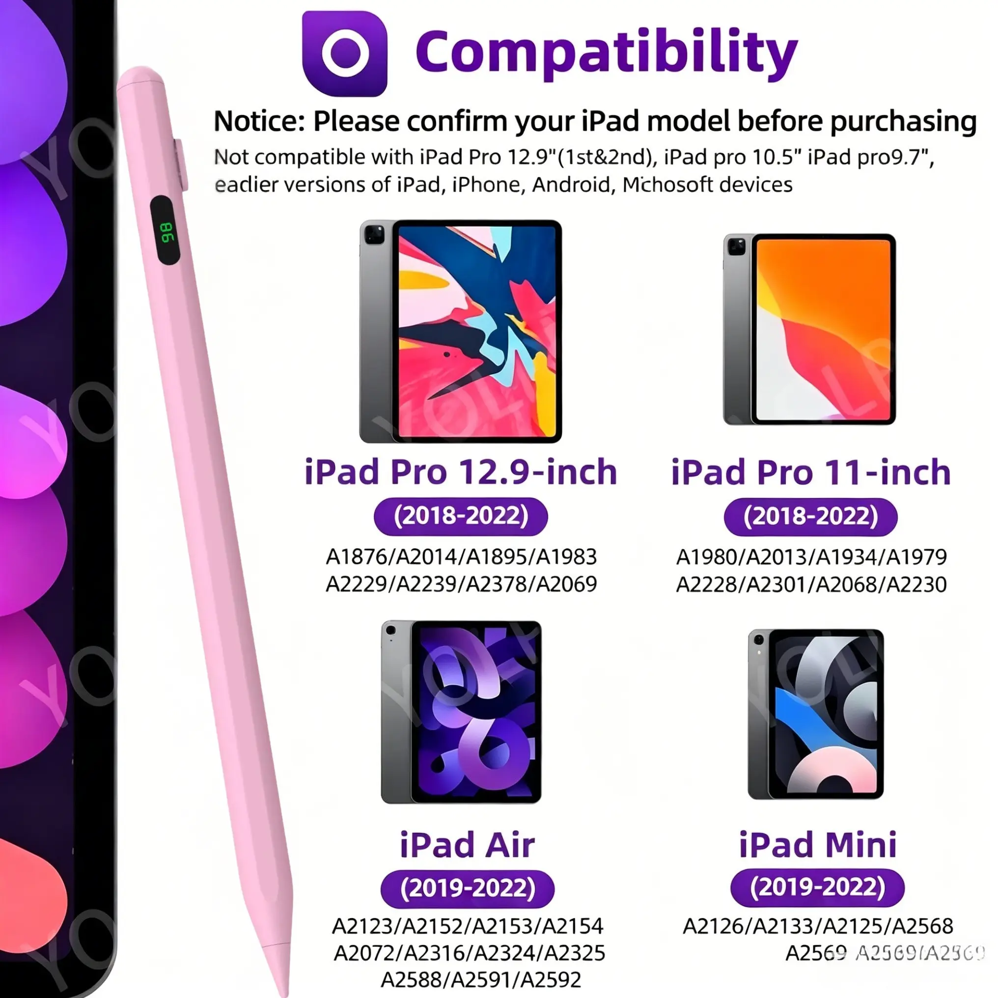 Universal Active Stylus Pen with LED Display, Magnetic, Fast Charging, Compatible with iPad 2018-2026 and Android Devices, Ideal for Drawing, Notes, Gaming