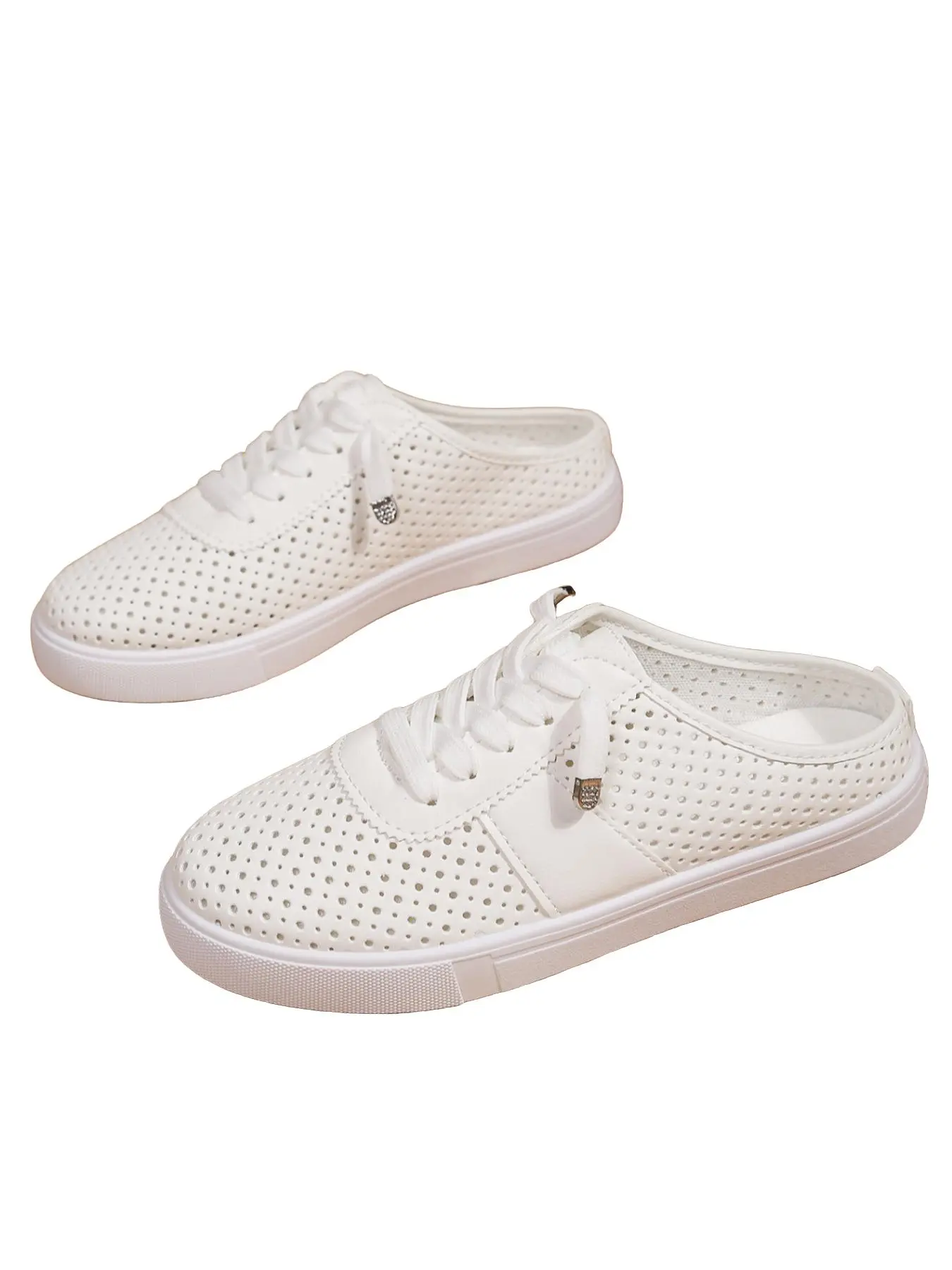 Women Hollow Out Breathable White Sneakers Slip On Flat Casual Shoes Mule Flats Classic Hole Shoes