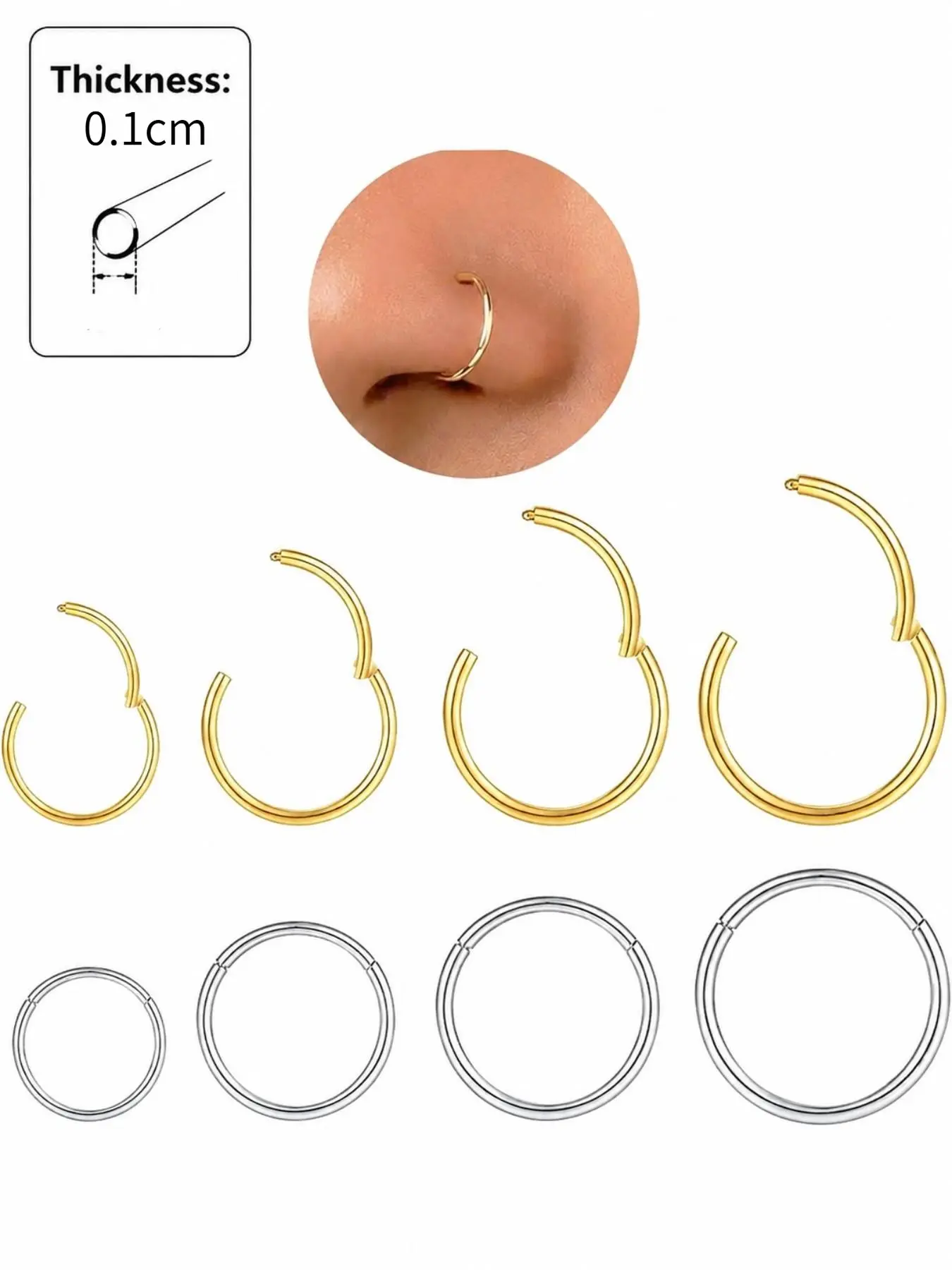 Hypoallergenic Nose Rings Hoops Set for Women Men, 8Pcs Gold & Silver 316L Surgical Stainless Steel Nose Hoops, 0.1cm Thickness Hinged Clicker Septum Rings for Nose Cartilage Body Piercing Jewelry, 6mm 8mm 10mm 12mm