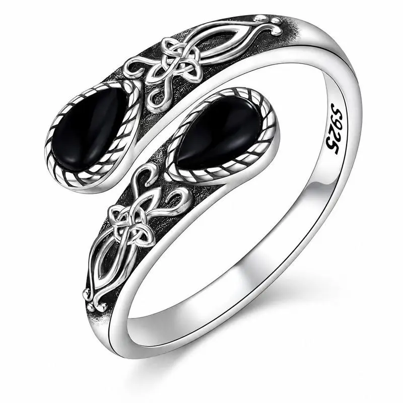 B 925 Sterling Silver Adjustable Open Band for Women, Mystic Witch Black Obsidian Ring,  Gothic Magic Jewelry, Spiritual Energy Crystal Ring, Perfect Gift for Birthday, Mother's Day & Occult Lovers, Boho Wedding Engagement Ring
