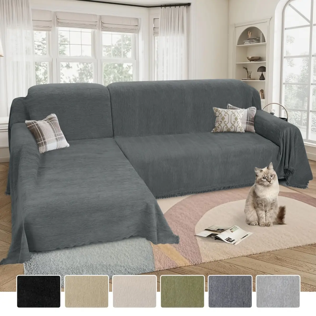 2pcs Polyester Double-Sided Chenille Tassel Sofa Throw Blanket - Reusable, Machine Wash, Pet-Friendly, Ideal for Chaise Lounge Sofas, Can Be Used as a Blanket in Cold Weather