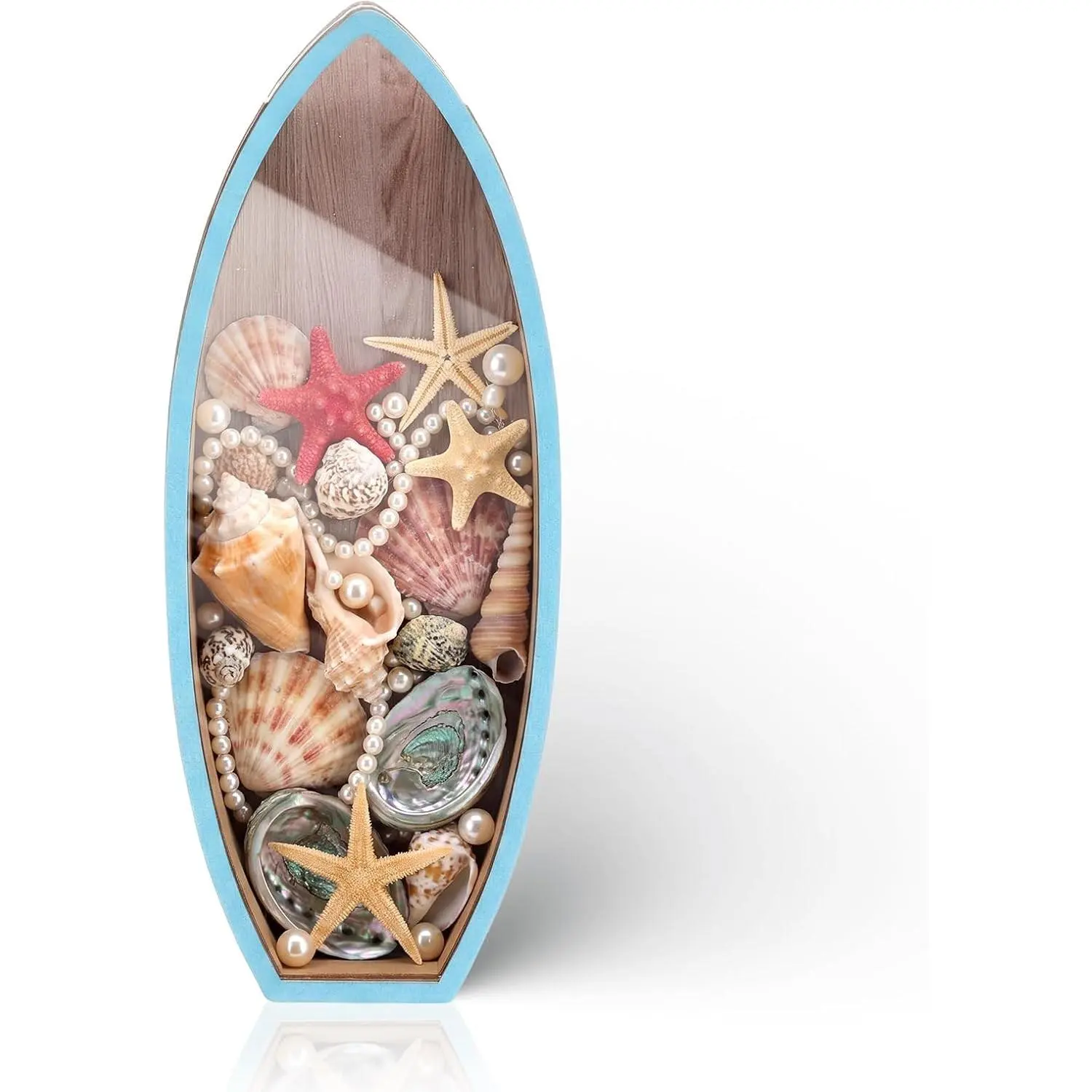 Coastal Decor Display Box Wooden Surfboard Holder with Clear Window Shell Box Shark Teeth Collection for Seashells Sea Glass Beach Treasures Home Coastal Decor & Keepsake Gift