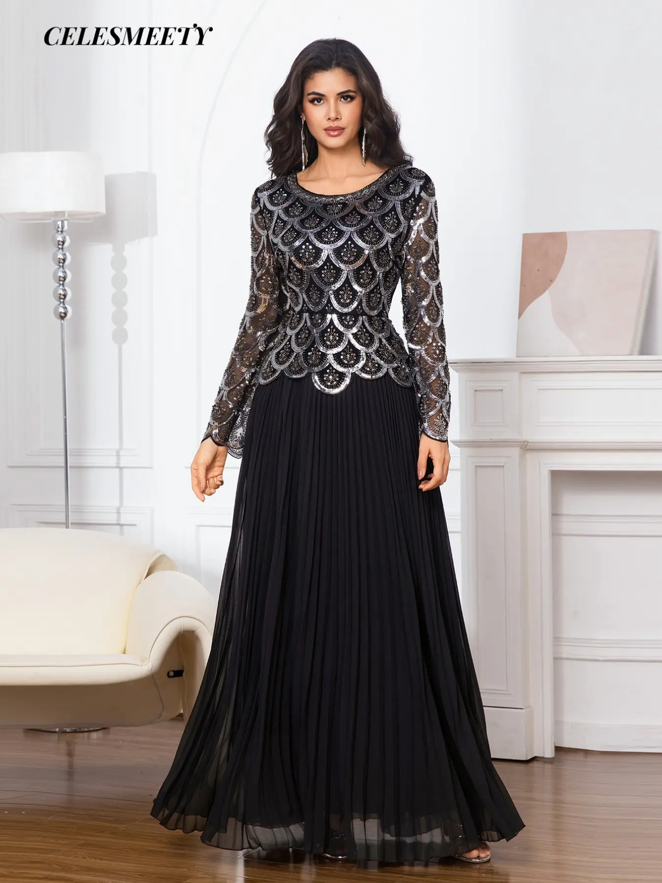 Celesmeety Women's Elegant High Neck Sequin Long Dress, Fish Scale Pattern, Chiffon Sheer Long Sleeves, Perfect for Weddings and Events