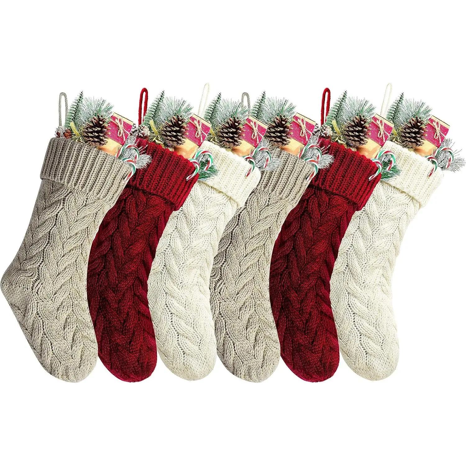 18" Unique Burgundy and Ivory White and Khaki Knit Christmas Stockings Style3,Pack 6