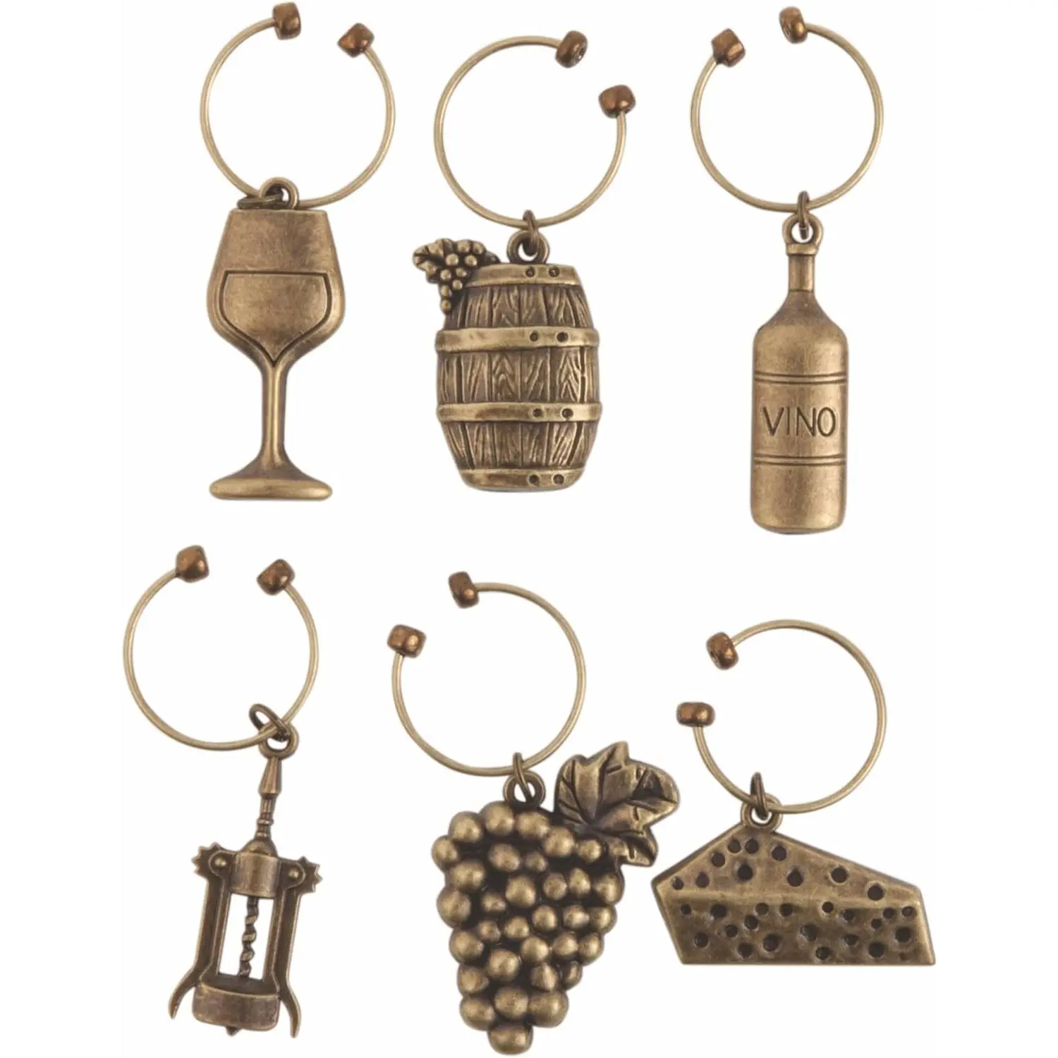 Antiqued Farmhouse Decor Wine Charms and Drink Markers for Wine Glasses, 6 Count