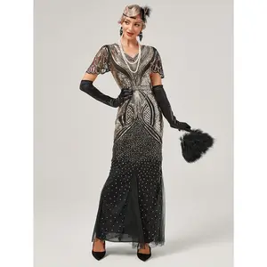 1920s flapper Dress - Vintage Roaring Twenties Party Gown with Glamorous Sparkling Sequences, Formal Gala Evening Wedding Attire - Elegant Vintage 1920s Costume for Women - Non- Party Dress, Historical Reenactment, Vneck Design, Detail