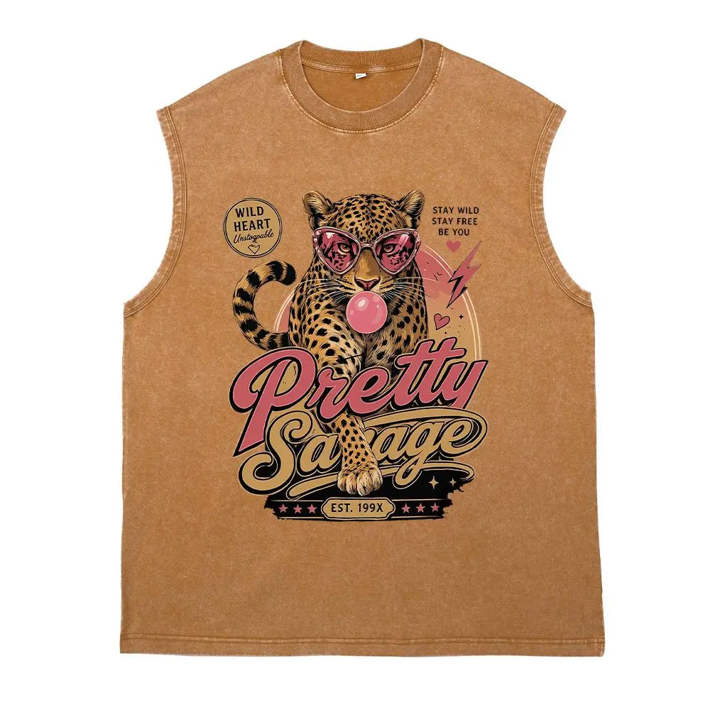 Men's Fitted Casual Leopard Print T-Shirt - Retro Nostalgic Playful Animal-Themed Graphic Top, Washed Tank with Vintage Bubblegum Motif, 90s Aesthetic "Pretty Savage" "Wild Heart" Design