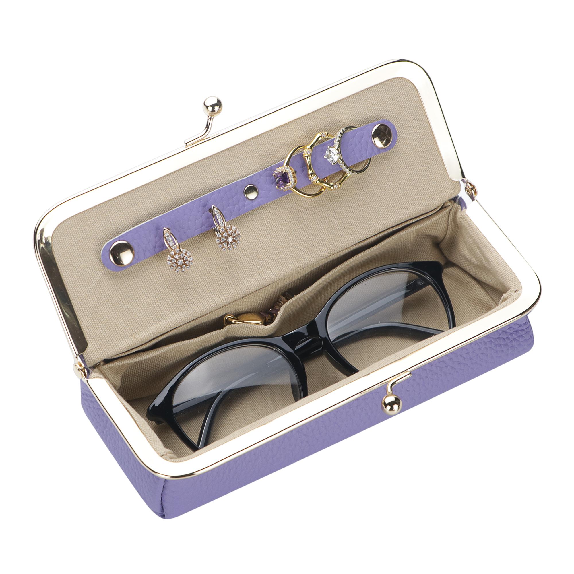 Royal Bagger Genuine Leather RFID Blocking Fashion Glasses Case, Pencil Bag with Kiss Lock, Organizer for Rings, Necklaces & Earrings for Women 4135 Lens Protective Mirrored Lens