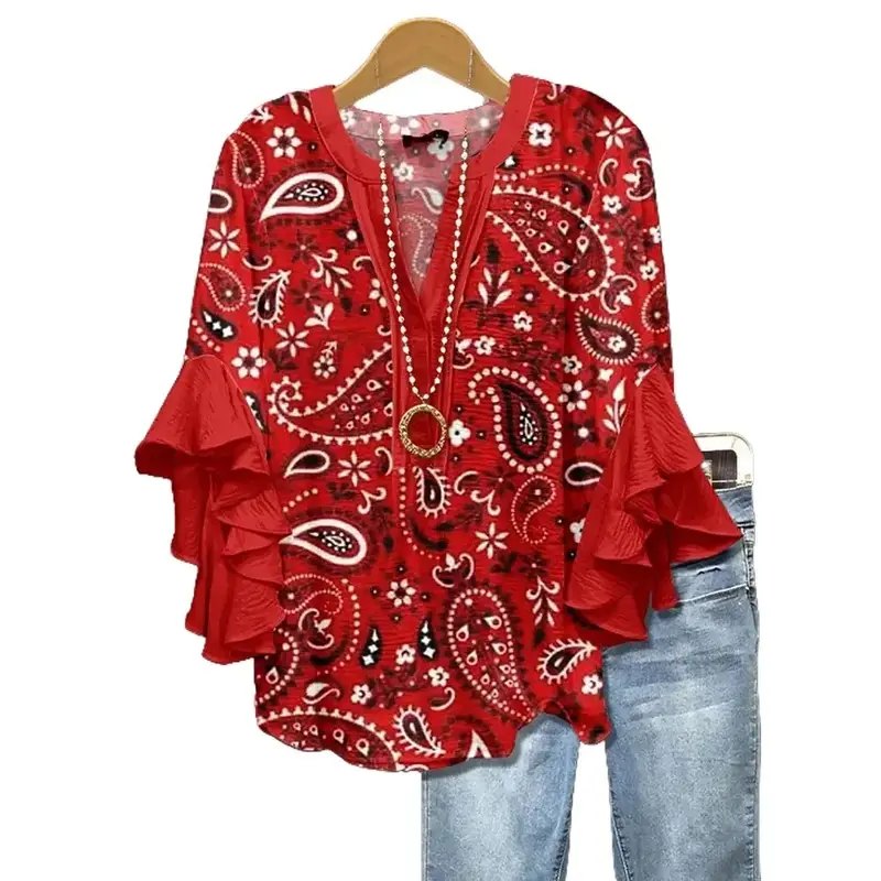 Elegant Blouses for Women, Vintage Boho Paisley Print Cotton Top, Fitted V-Neck with 3/4 Ruffle Sleeves