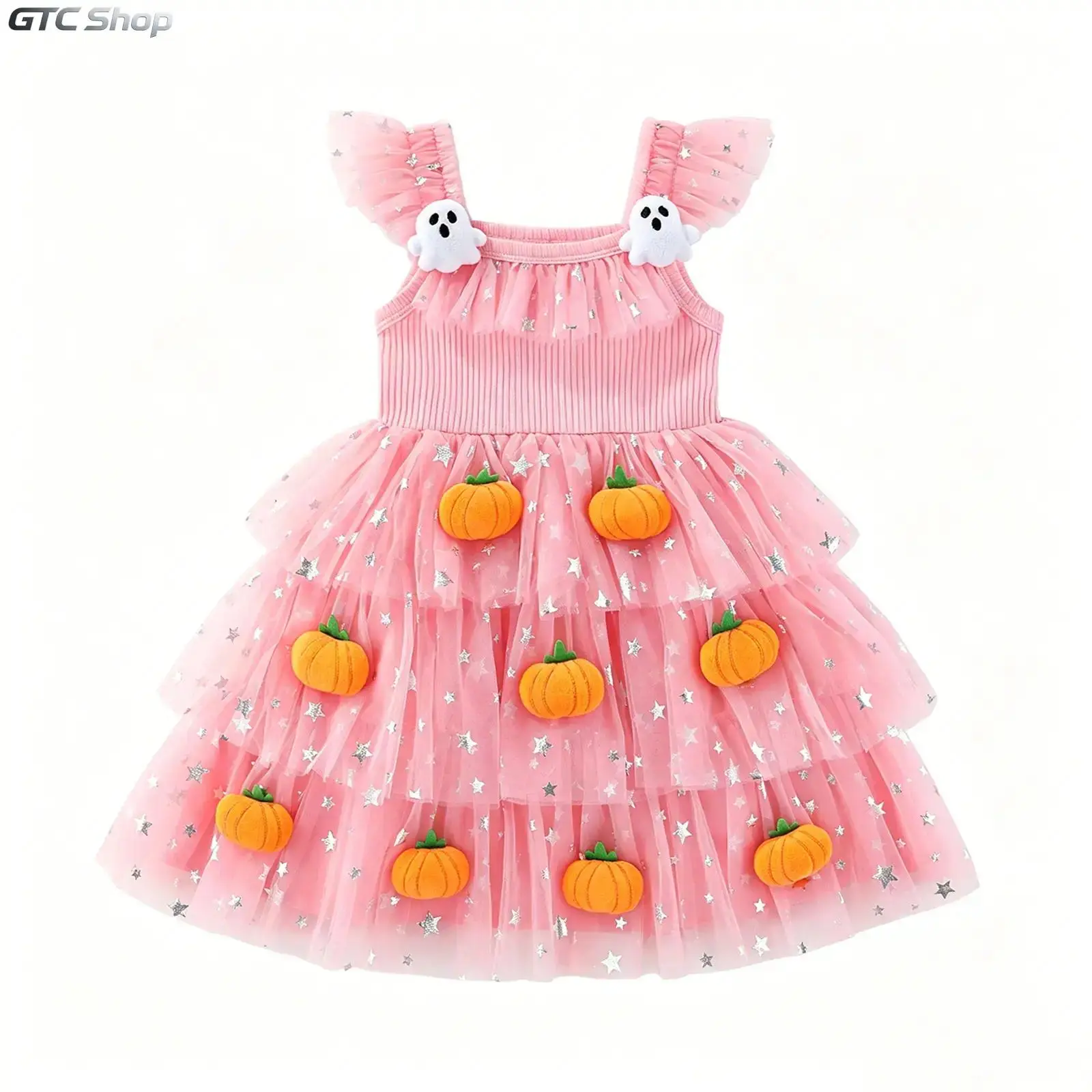 Girls' Polyamide Tulle A-Line Tiered Dress with Flying Sleeves, Square Neck, 3D Stuffed Pumpkin Decor & Ghost Accents, Flowy Multi-Layer Skirt, Halloween Costume for Trick-or-Treat, Photoshoots