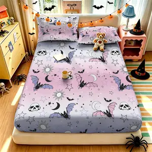(1 fitted sheet + 2 pillowcases, no filler),Halloween Skeleton Bat Pattern,Polyester fitted sheet 3-piece bedding set, all-season & machine washable, ideal for room decoration and birthday present for bedroom use