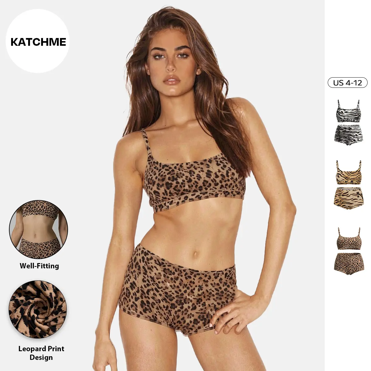 Katch Me Chic Women's Soft Minimalist Leopard Print Thin Strap Bralette & Knicker Set, Versatile Seamless Smoothing Lingerie & Underwear Set