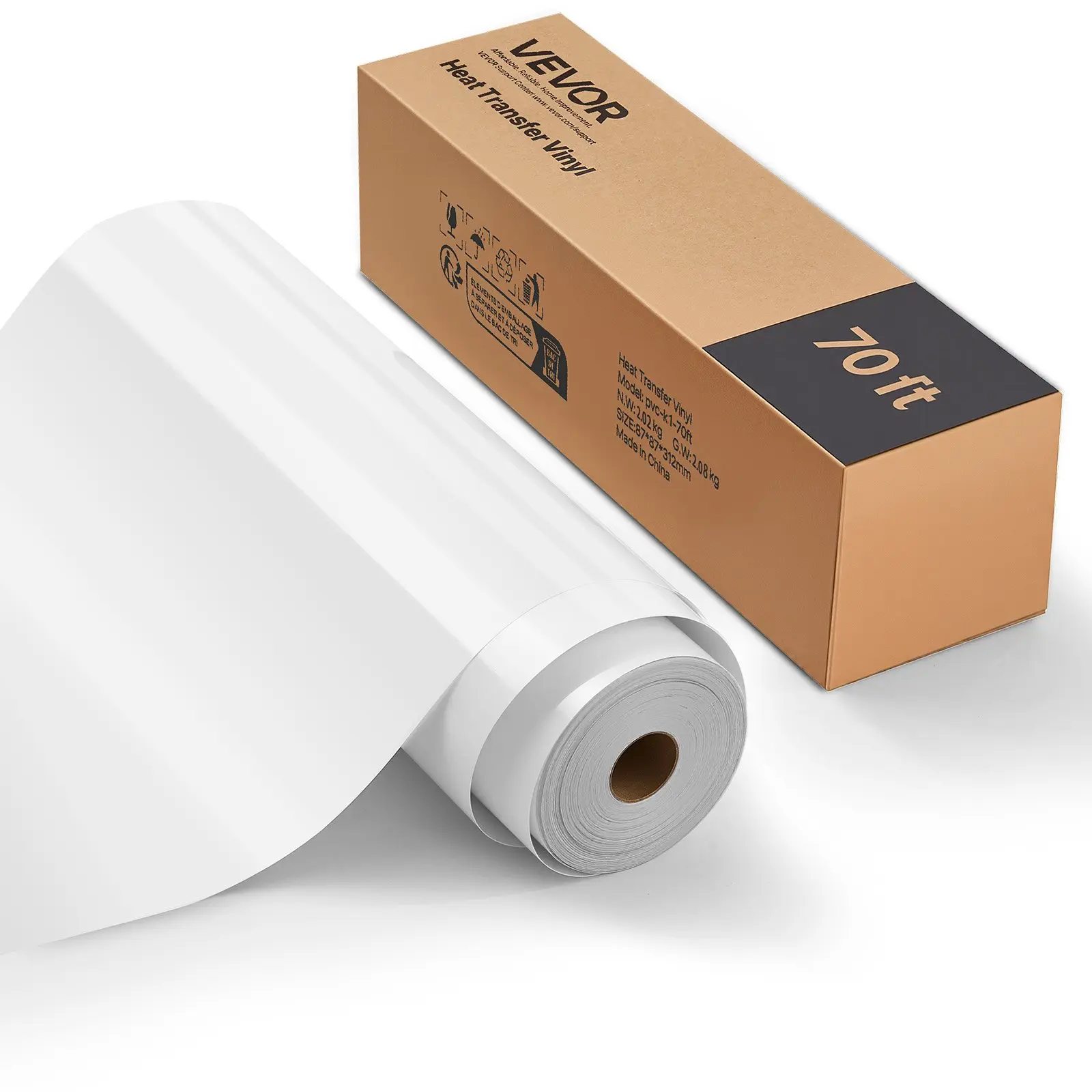VEVOR Roll Form Heat Transfer Vinyl, 12 in x 70 ft Glossy White HTV Iron-On Vinyl, Easy Cut Weed, Strong Adhesion, Cutting Machine Compatible, for T-Shirts, Pillows