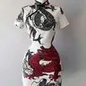 Dragon Pattern Short Sleeve Slim Fit Stand Collar Button Modified Qipao Dress, Traditional Fashion Style, Suitable for Daily/Party Wear, Chinese Style