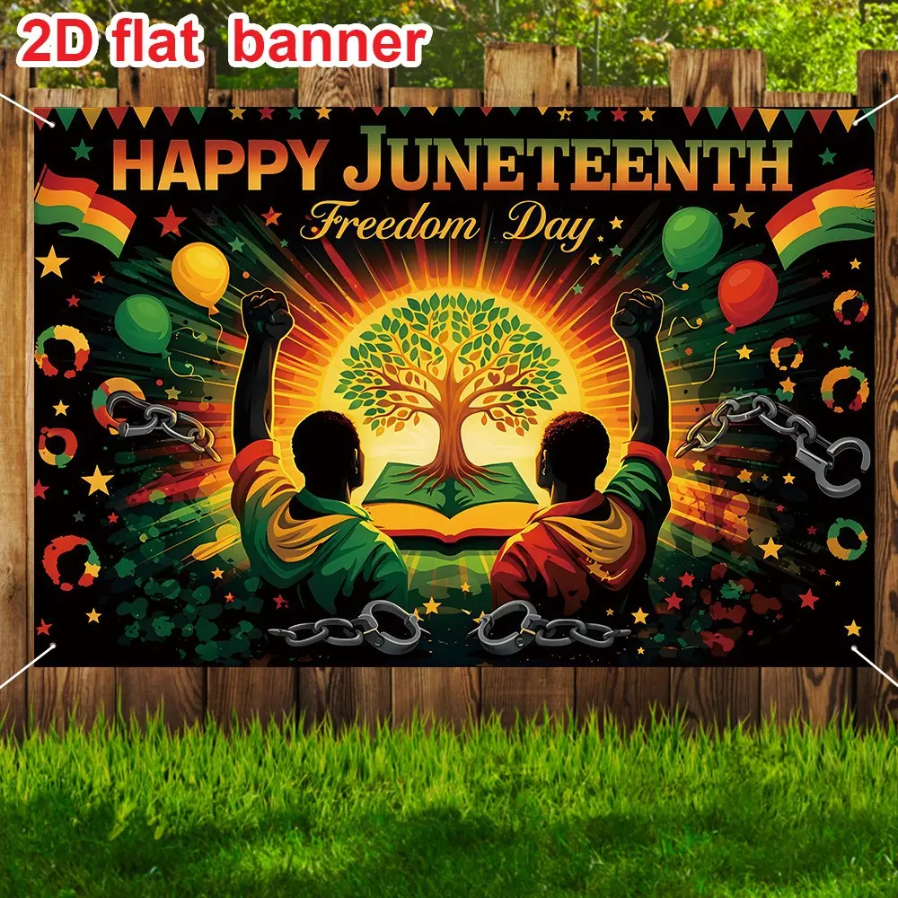 Juneteenth Cultural Theme Background Cloth, Backdrop Banner, Festive Photo Backdrop, Happy Juneteenth Art, Gold Tree, Raised Hands, Broken Chains, African Drum, Flags, Balloons, Stars, Party Backdrop Decoration