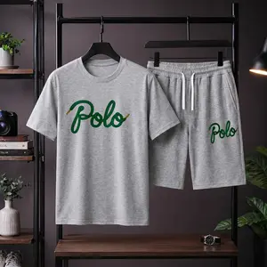 Men’s Green Script Letter Graphic Print Short Sets 2 Piece Outfits, Fashion Summer Tracksuits Casual Set, Grey T-Shirt and Shorts, Lightweight Streetwear For Gym, Travel, Outdoor, Vacation, Daily Wear