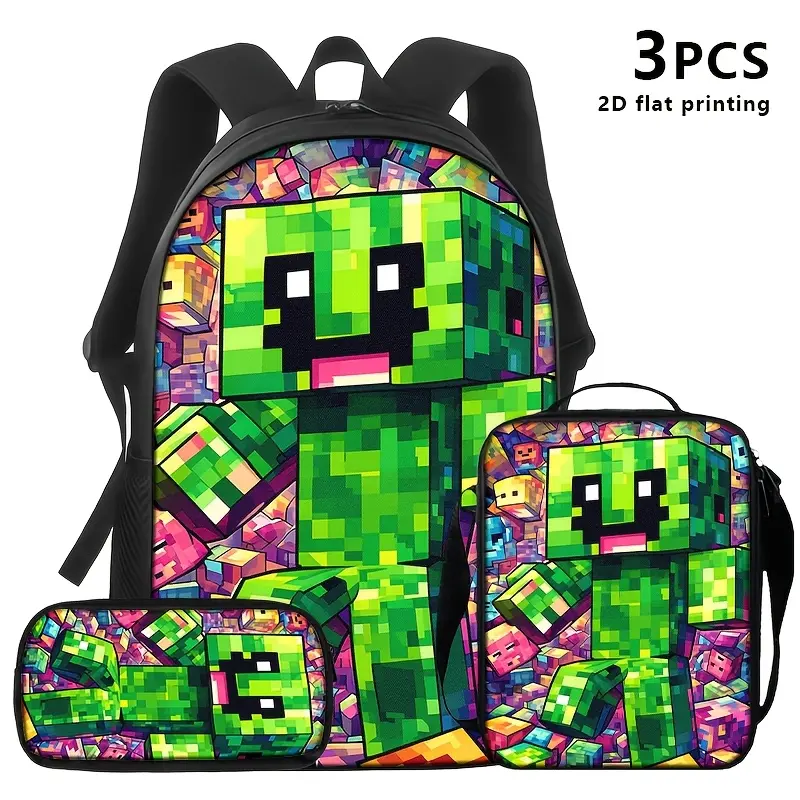 Durable Water Resistant 3-Piece Backpack Set for Kids, Lightweight School Bag with Lunch Box, Rainbow Multicolor Pixel Block Collage Game Character Graphic Print, Spacious 15in Laptop Backpack with Soft Padded Straps