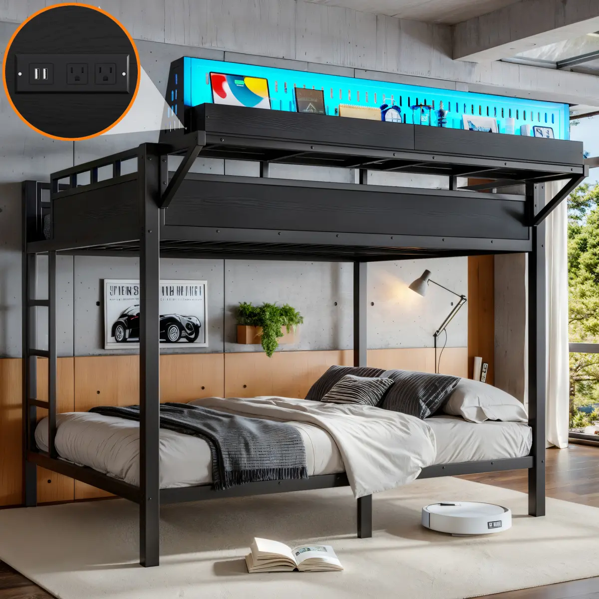 Black Queen-over-Queen Metal Bed Frame with Storage Shelves, Pegboard, USB Ports, LED Lights, Bed Frame Storage Solutions, Durable, 500lbs Lower Weight Capacity, Assembly Required, Space-Saving for Teens