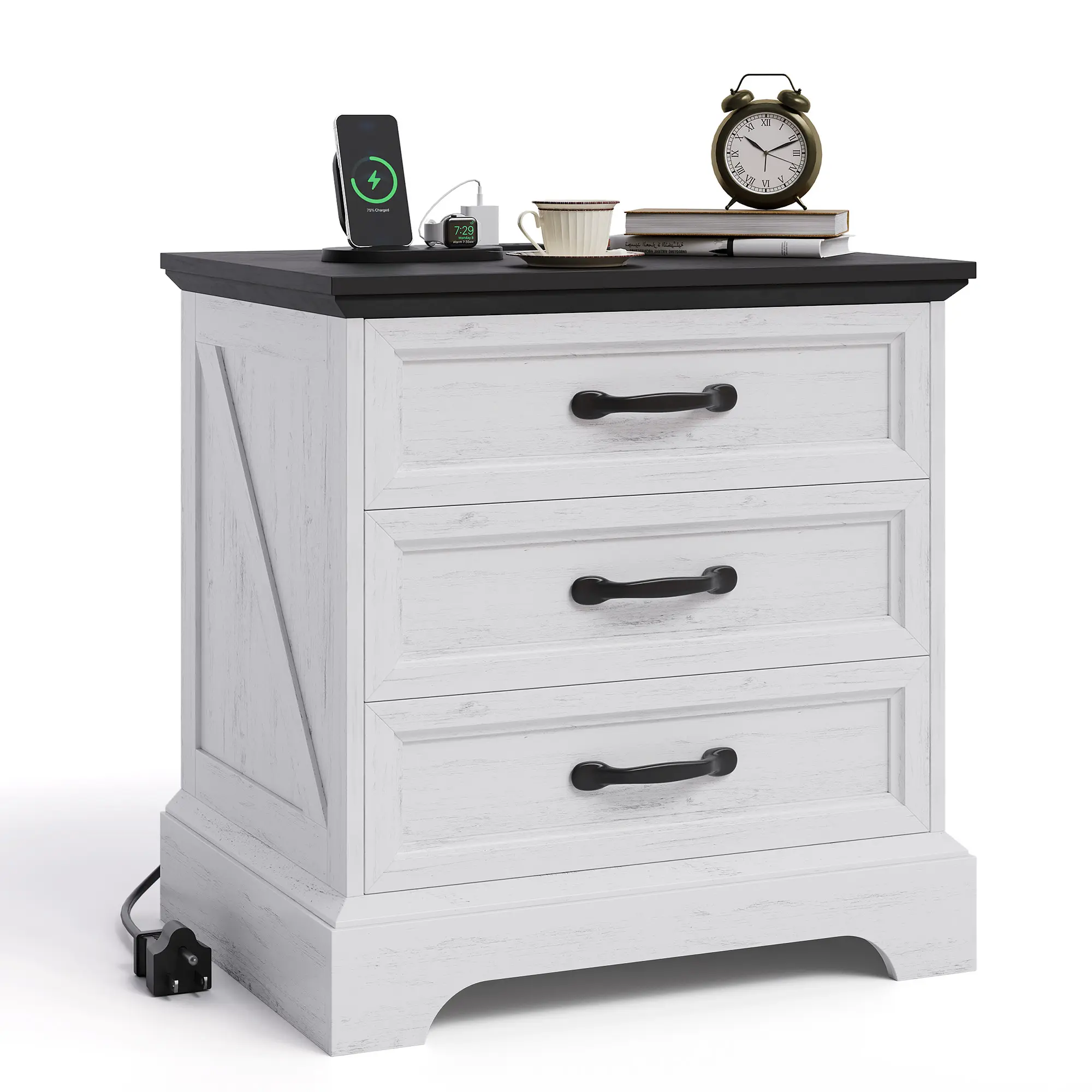 White Farmhouse Nightstand – 3 Drawers & Charging Station – Wooden Bedside Table for Bedroom, Living Room