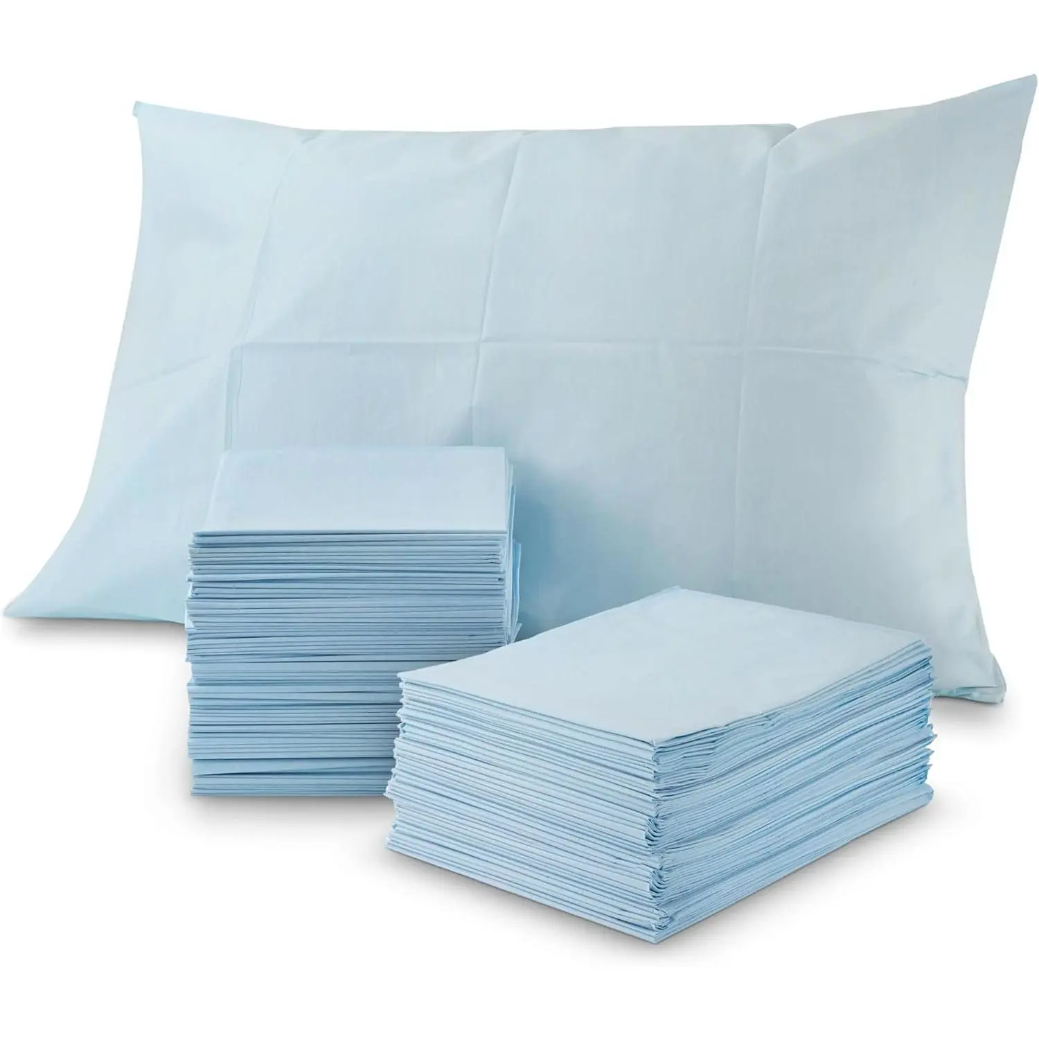 (100 Count) Disposable Pillow Case Covers, Tissue/Poly 21" x 30" Standard Size, Single-Use Pillowcases with Moisture Barrier in Blue
