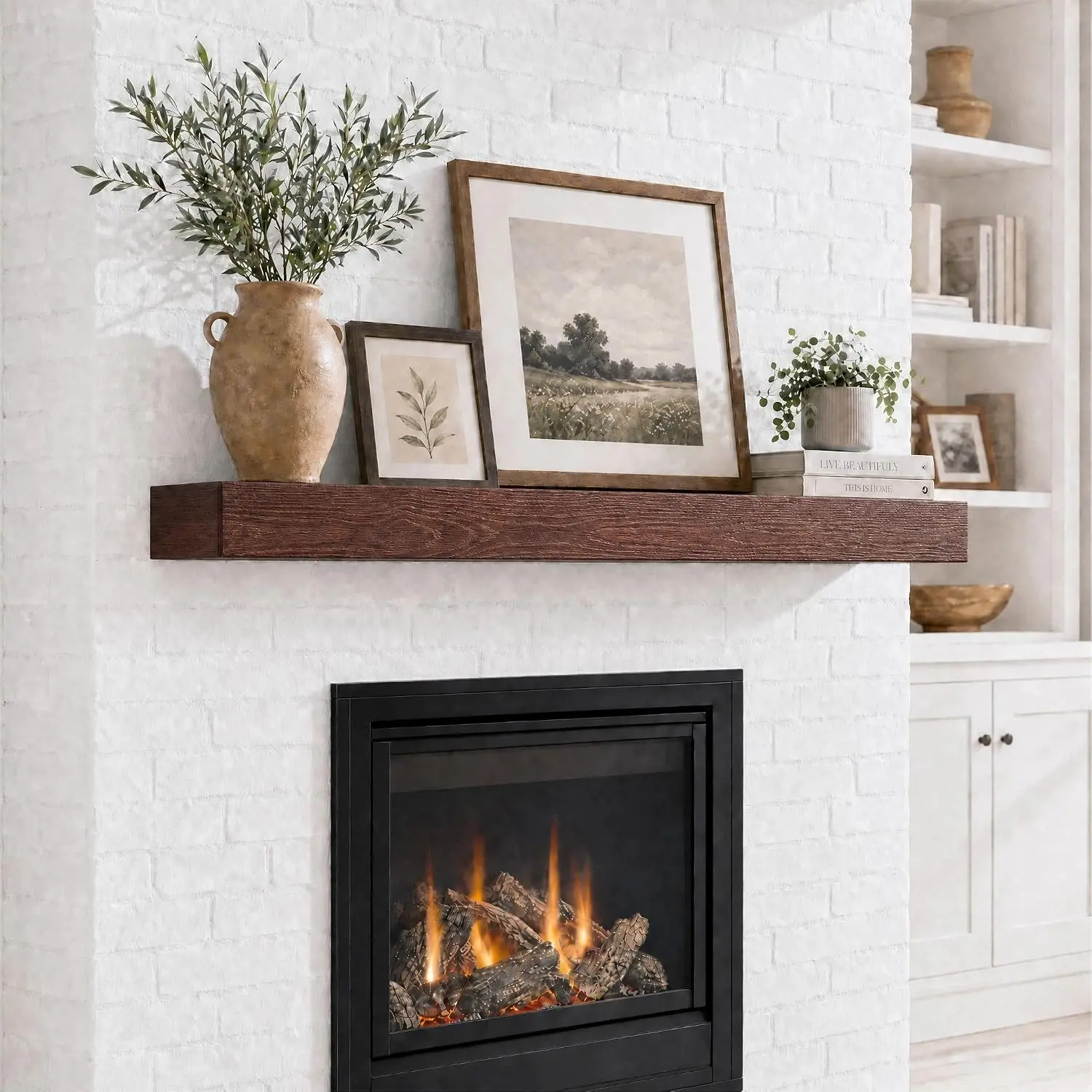 48 Inch Solid  Fireplace Mantel Shelf, Rustic Brown | 70 LBS Capacity, Easy to Install, Modern  Floating Shelf,  Brackets, Water-Resistant, For Living Room Kitchen