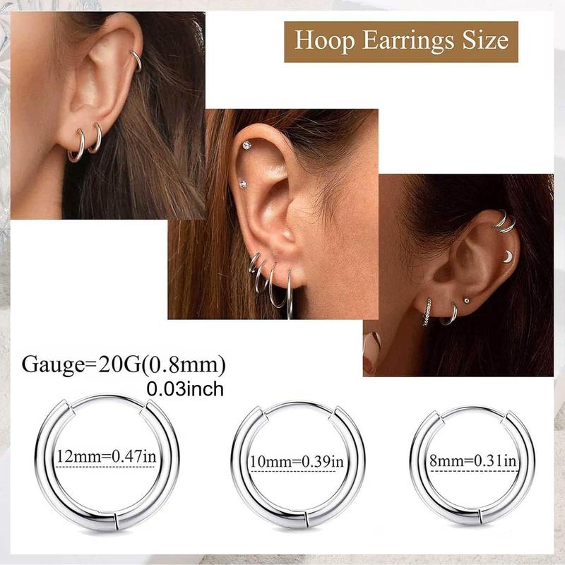 Trendy 8 Pairs Simple Classic Stud Hoop Earrings Mysterious Surgical Steel Earrings for Sensitive Ears Hypoallergenic for Women Men Charming Small CZ Flat Back Cartilage Earrings Set Unique Design Show An Unrestrained Attitude Simple Smooth Surface