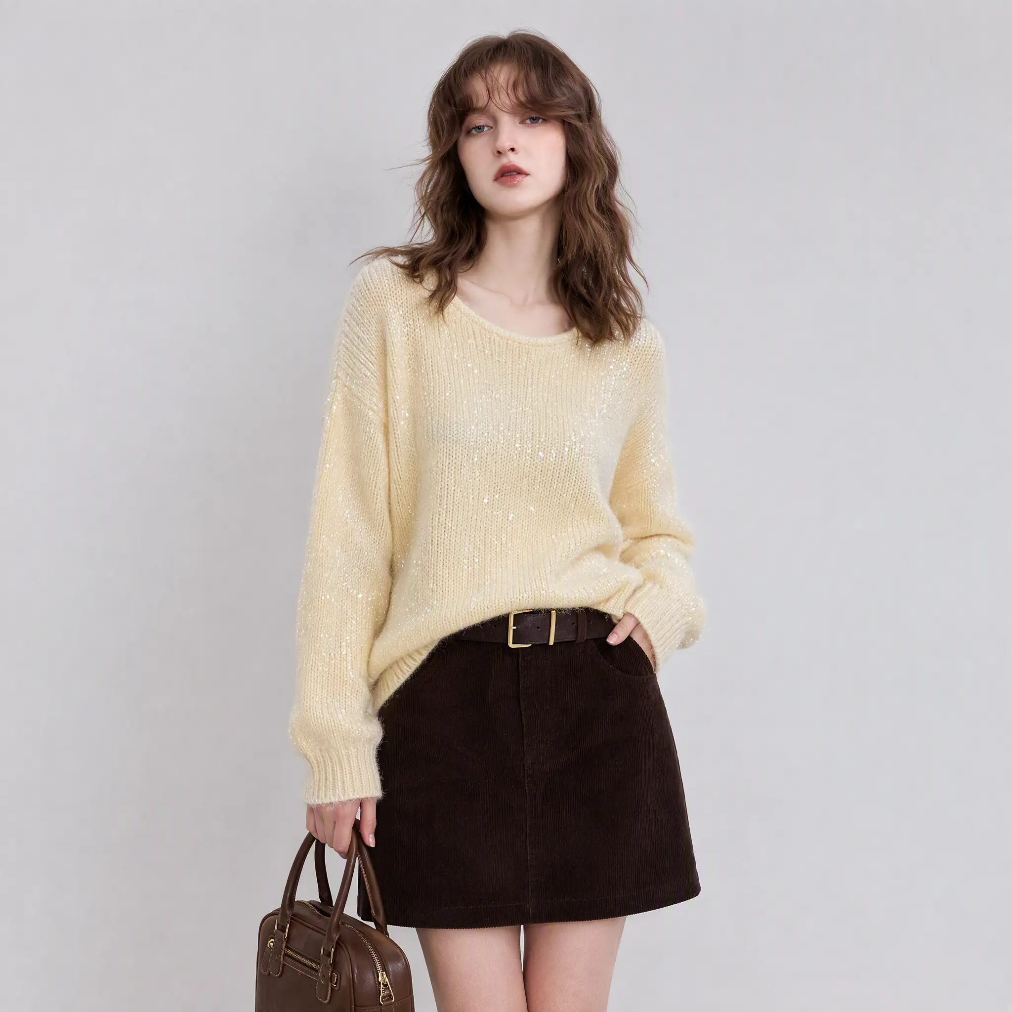 Steve&Vivian Women's Sequin Round Neck Sweater, Soft Comfortable Loose Fit Long Sleeve Pullover, Sweet Elegant Fall Knit Top, 2026 Autumn New Collection, Casual Date Night Everyday Wear, Pink, Multiple Sizes Available