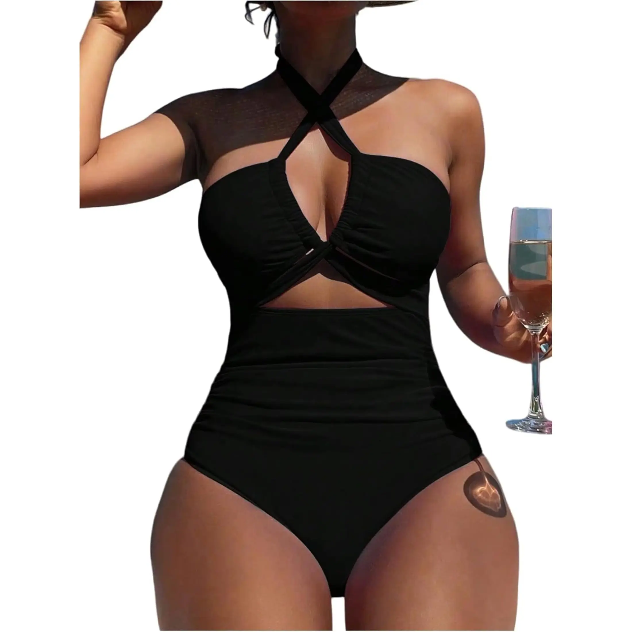 Women's One Piece Swimsuit Tummy Control High Waist Cut Out Criss Cross Halter Bathing Suit