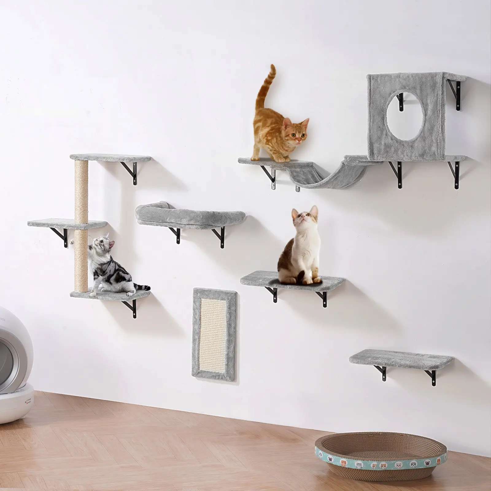 【DealsForYouDays】VEVOR Wall Mounted Cat Shelves, Cat Wall Shelves and Perches with Jumping Boards, Hammock, Sofa, Cat Tree Cat Grip, Cat Furniture and Shelves up to 40 lbs for Sleeping, Playing, Climbing, Set of 6