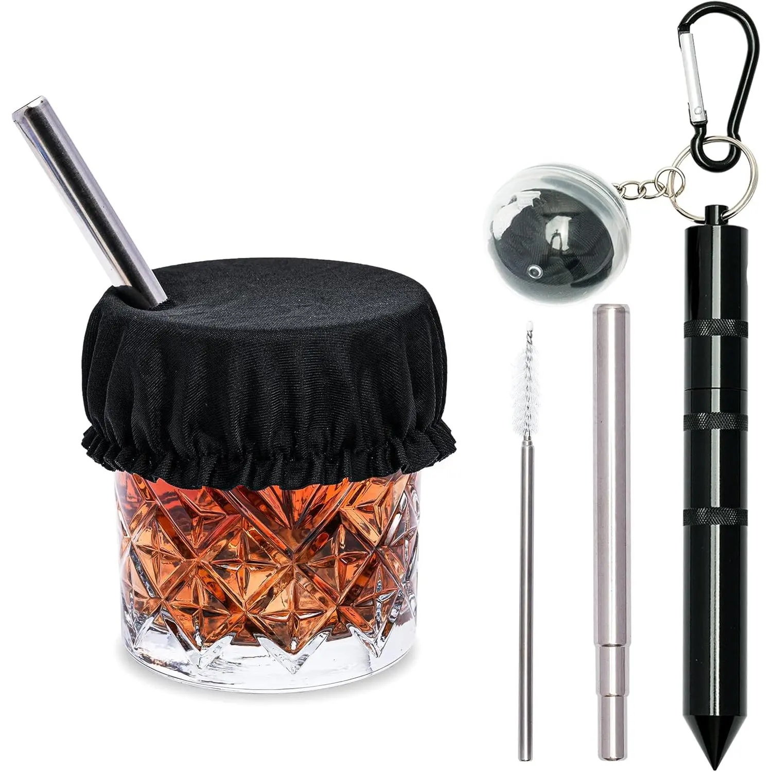 3-in-1  Metal Straw with Drink Cover & Glass Hammer for  – Telescoping Stainless Steel Straws,  Window Breaker, Drink Protector – Includes Case & Brush (Jet Black)