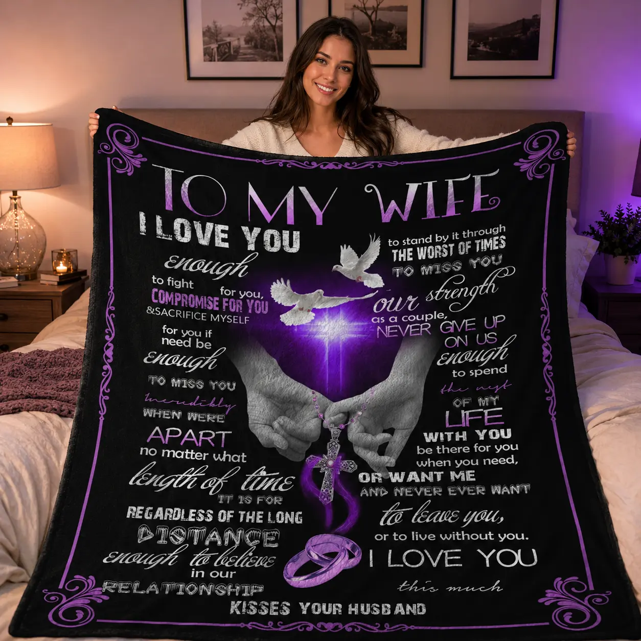 To My Wife Blanket from Husband, Romantic I Love You Gift for Wife, Anniversary Birthday Valentine's Day Wedding Christmas Present, Soft Throw Blanket for Bed Couch Sofa, Purple Dove Prayer Hands Love Keepsake Home Decor, Long Distance Couple Gift