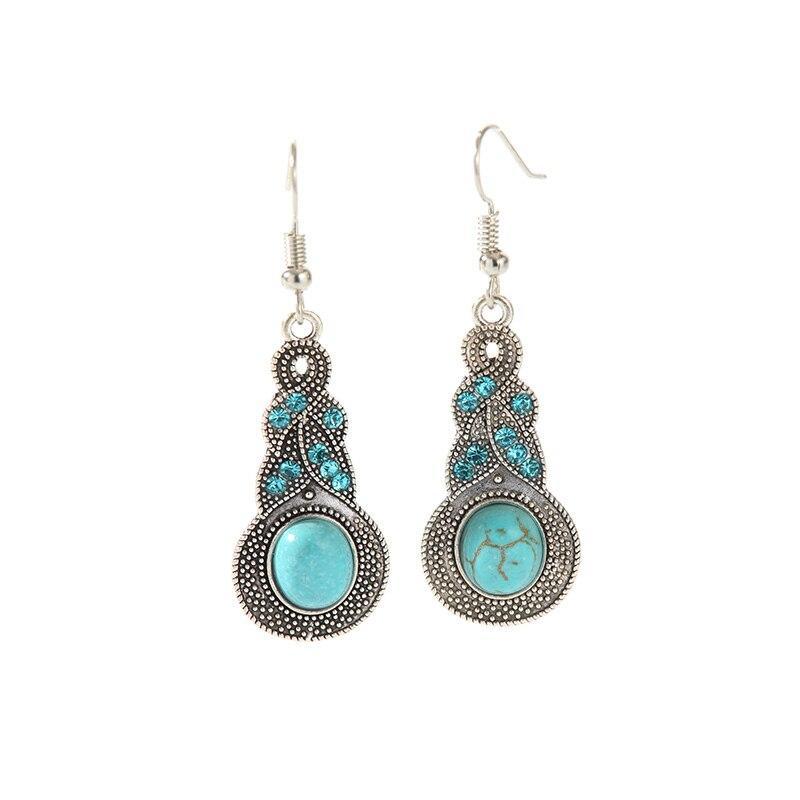 3pcs Necklace Earrings Set For Men And Women Vintage Style Blue Crystal Inlaid Turquoise Pendant With Lantern Chain Jewelry