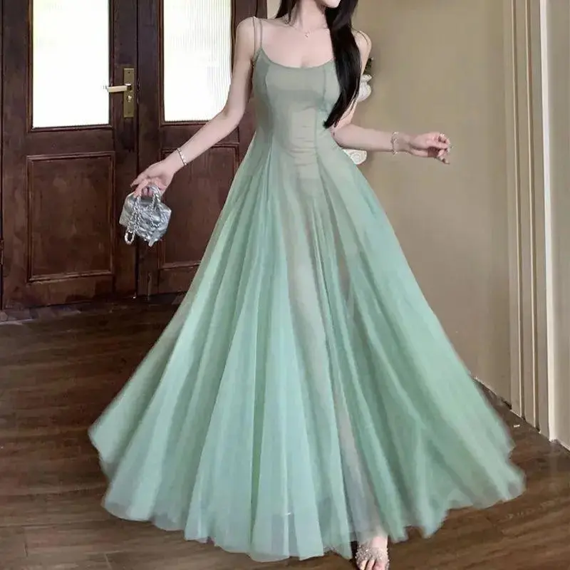 Forest Style Artistic Green Spaghetti Strap Dress for Women, Summer Vacation Style, Backless Mesh Fairy Waist-Cinching Flared Long Dress Formal Womenswear Basic Minimalist Workwear Sleeveless