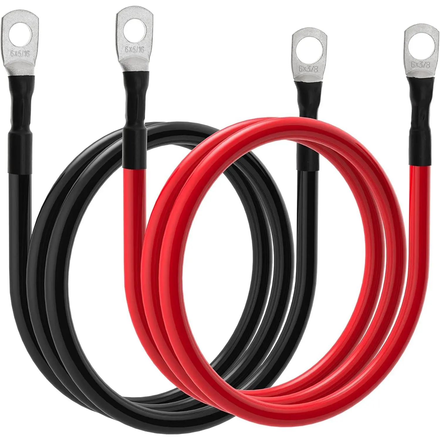 6 AWG Battery Cables 6 Gauge Power Inverter Cables with 3/8 Inch and 5/16 Inch Lugs Each End for Solar Marine RV Car SUV Truck Tractor Motorcycle 2pcs (2FT, 6 AWG)