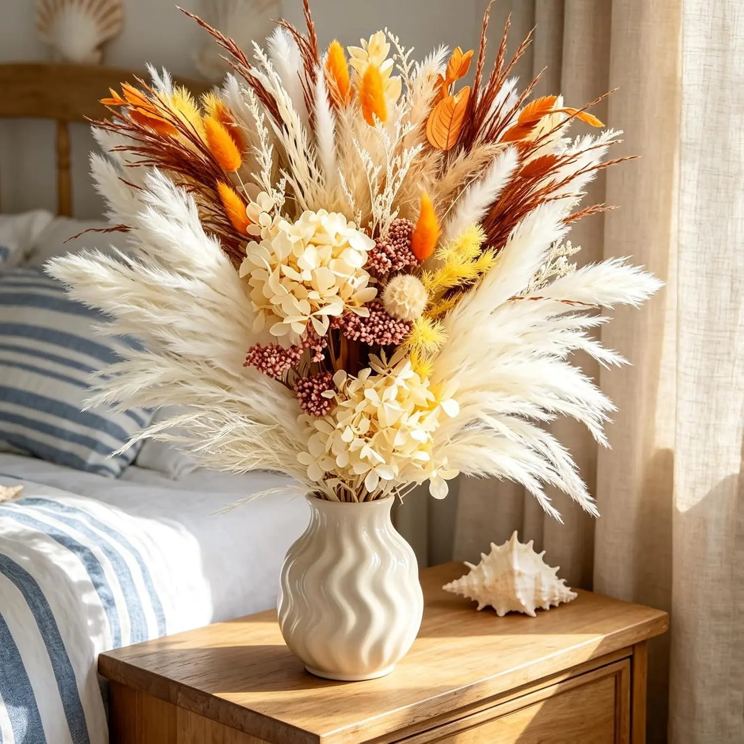 Natural Dried Pampas Grass Bouquet, Boho Fluffy White Beige Reed, Fall Floral Arrangement for Home Decor, Wedding Table Centerpiece, Bedroom Living Room Farmhouse Decor