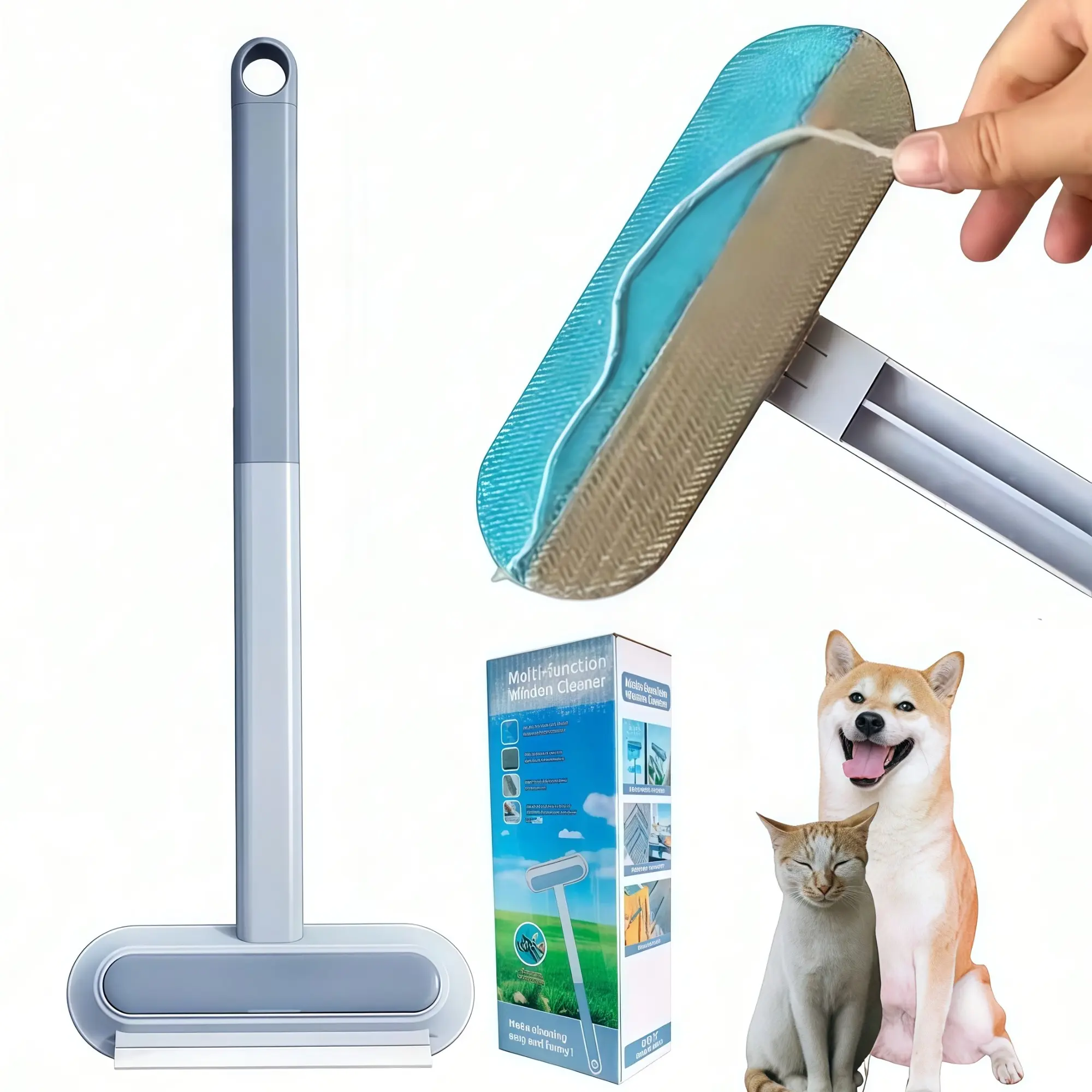 Reusable Pet Hair Remover Brush - Multi-Functional Lint Cleaner for Dog & Cat Hair, Extra-Long Handle, Washable Grooming Tool for Furniture, Clothes, Bedding, Sofa, Carpets & Window Screens