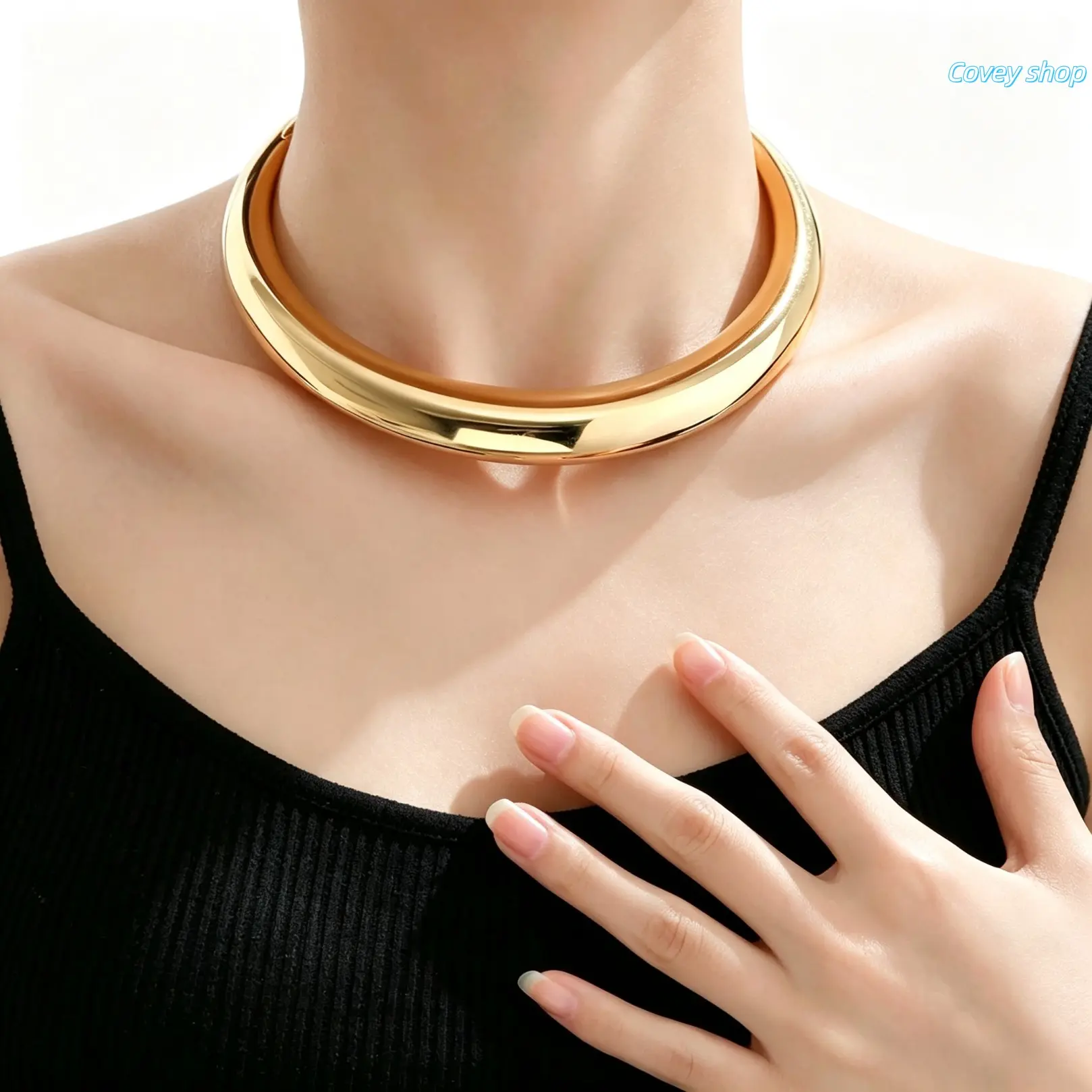 Smooth Metallic Stainless Steel Collar Choker Necklace For Women, Polished Shiny Curved Torque Jewelry, Minimalist Modern Accessory Suitable For Daily Styling, Dating, Parties And Holiday Occasions