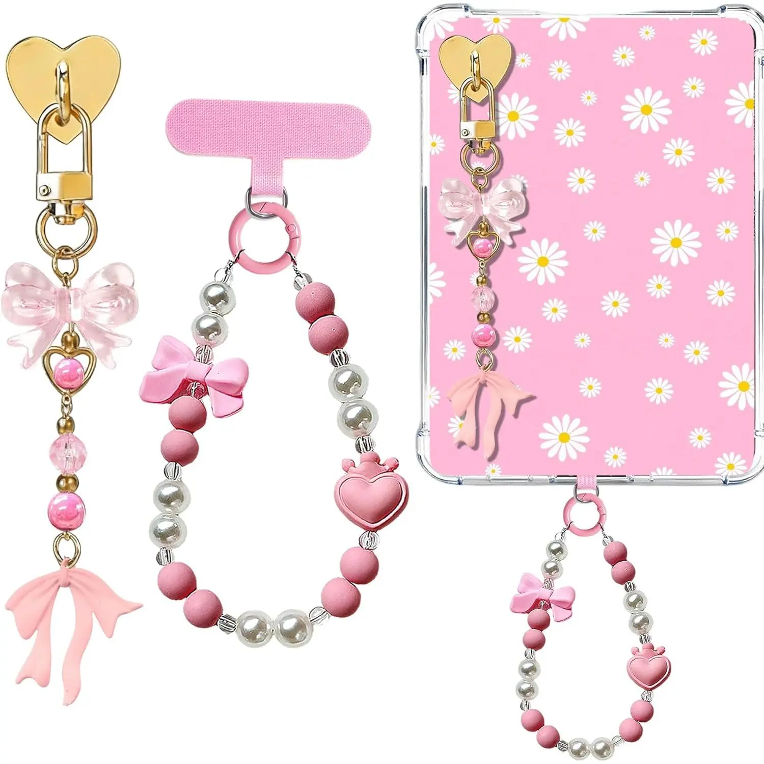 Women's Personalized Aesthetic Charm Chain Set - Compatible with Kindle E-Reader, Smartphone, Cellphone, Mobile Phone - Includes Bow Charm, Beaded Wrist Strap, Heart Hook, Phone Ring, Sticker
