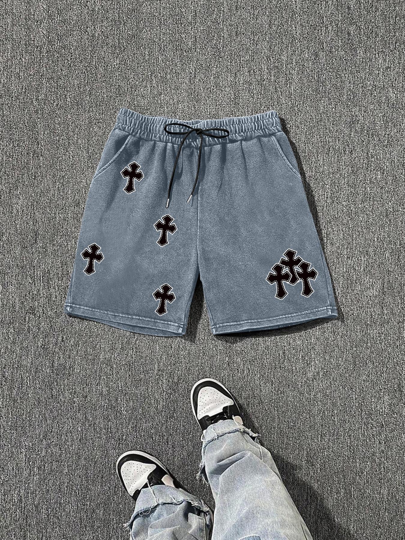 Men's Cross Print Washed Distressed Drawstring Waist Shorts, Loose Casual Street Style Graphic Shorts for Summer, Casual Streetwear Shorts, Men's Bottoms for Daily Wear