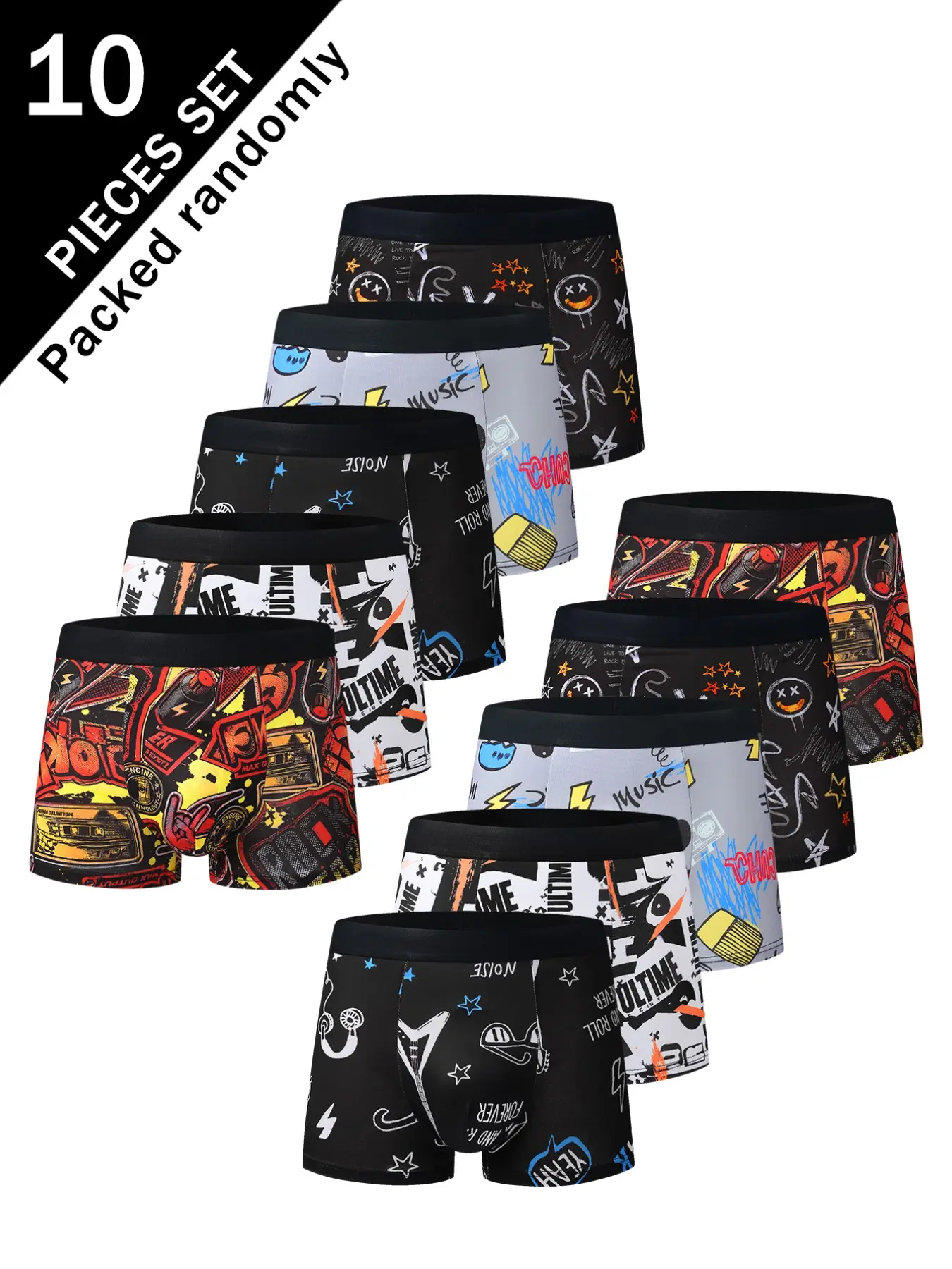 10 Pcs Cool Graffiti Men's Boxer Brief Pack, High Elasticity Cotton Mid-Waist Trunks, Casual Youthful Print Underwear, Random Style Delivery