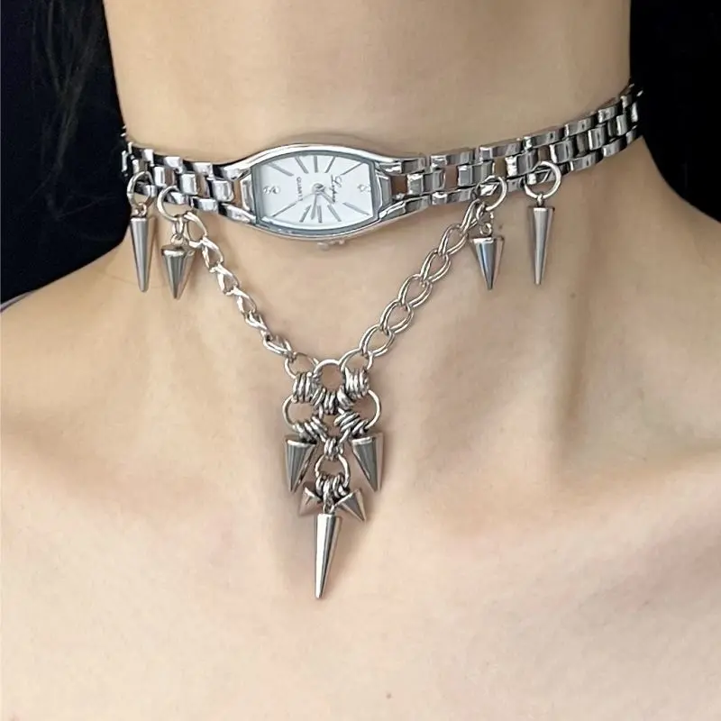 Vintage Oval Watch Dial Titanium Steel Choker, Punk Rivet Cone Spike Multi-Layer Chain Collarbone Necklace, Alt Y2K Grunge Hand Spliced Adjustable Close-Fitting Neck Jewelry for Concert Daily Casual Outfit Matching