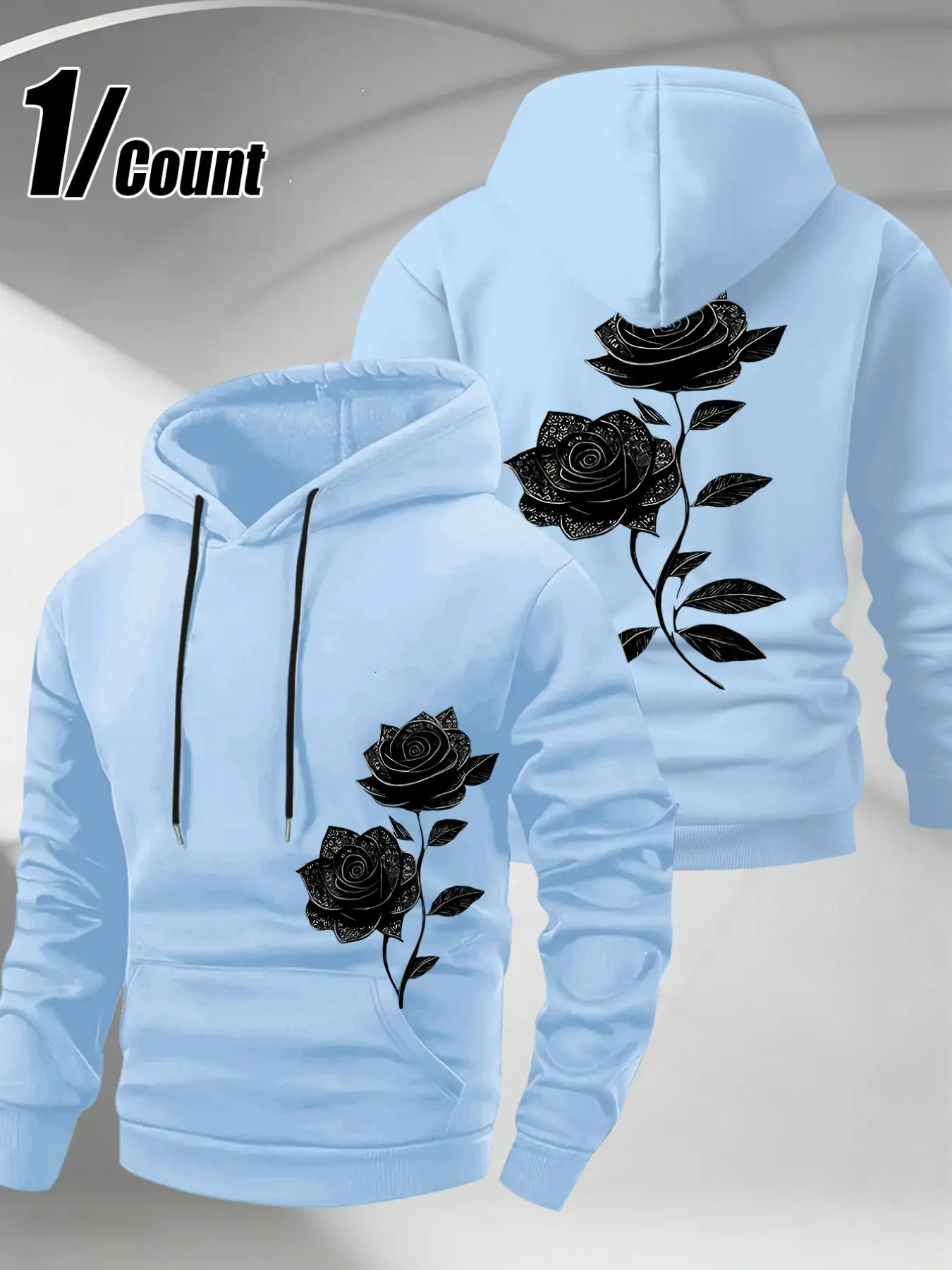 Men Drawstring Pullover Hoodie, Vintage Black Lace Texture Rose Floral Art Graphic Print, Gothic Romantic Loose Long Sleeve Hooded Top For Male Valentine's Day Street Urban Daily Dating Casual Trendy Outfits