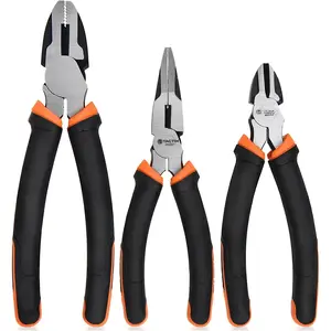 3- Pliers Set  Cr-Ni Construction, Includes 6" long nose plier, 6" diagonal pliers and 7-1/2" linesman plier, for electrical work, mechanical repairs, and DIY projects.