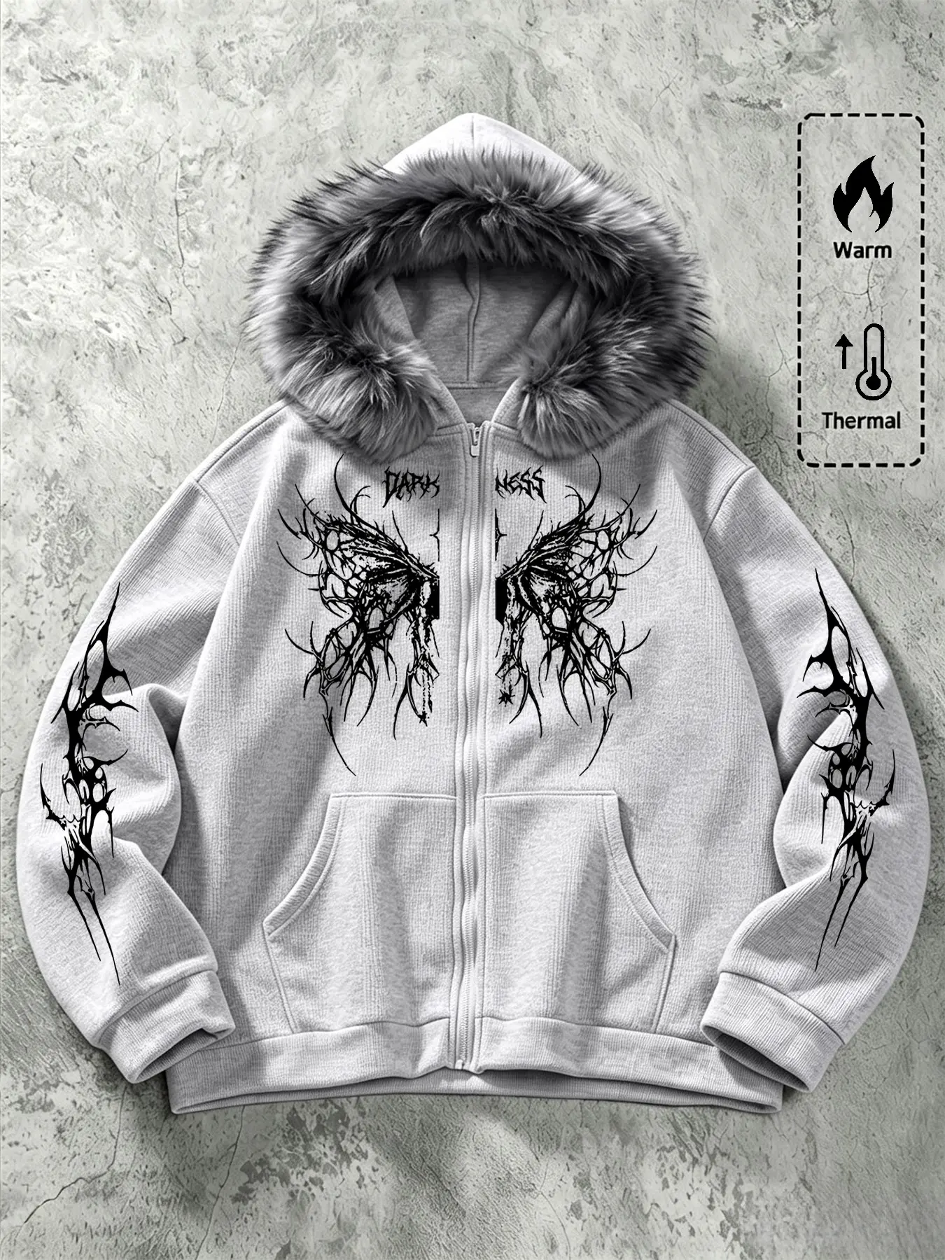 Men's Zipper Hooded Jacket, Gothic Style, Faux Fur Lined Warm Fabric, Thorn Butterfly Print, Fall Winter Streetwear, Casual